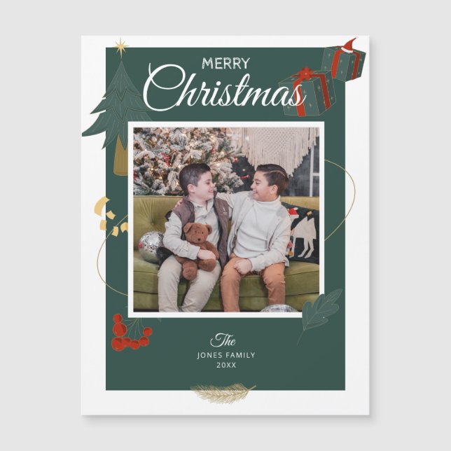 Christmas Card Family Photo Green Holiday Magnet (Front)