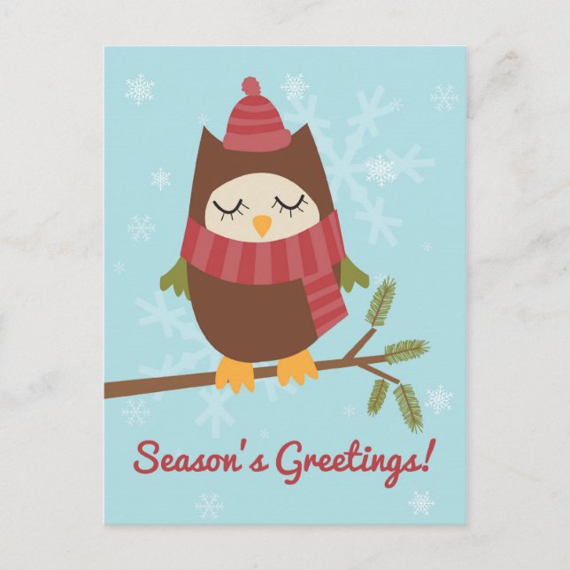 Christmas card featuring cute owl on pine branch (Front)