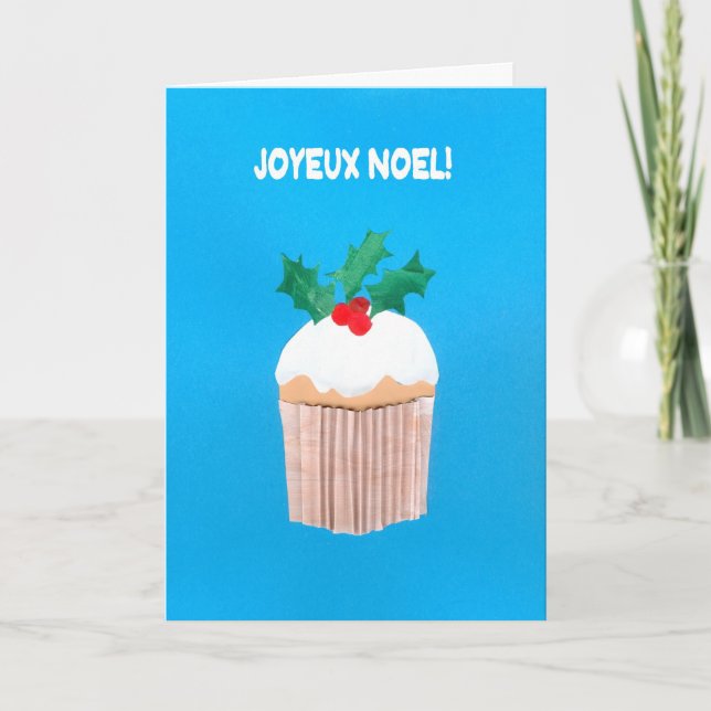Christmas Card, French, Cupcake with Holly Holiday Card (Front)