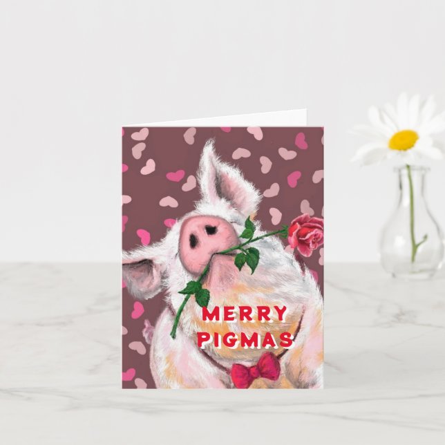 Christmas Card Funny Gentleman Pig with Rose (Small Plant)
