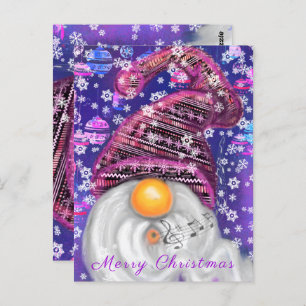 Christmas Card Happy Gnome In Purple Hat Sings