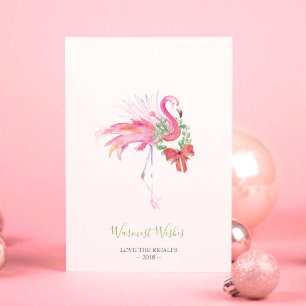 Christmas Card, Holiday Watercolor Pink Flamingo Card