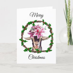 Christmas Card - Lilly the Goat in a Holly Wreath