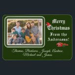 Christmas Card Photo Magnet<br><div class="desc">Christmas Card Photo Magnet design features your photo in top left corner against a deep green background. Photo is framed by a lovely green and white border. Customisable heading reads, "Merry Christmas" in white lettering. Image of a Santa hat is balanced on top of the "C". Wording just below reads,...</div>