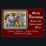 Christmas Card Photo Magnet<br><div class="desc">Christmas Card Photo Magnet design features your photo in top left corner against a burgundy background. Photo is framed by a lovely green and white border. Customisable heading reads, "Merry Christmas" in white lettering. Image of a Santa hat is balanced on top of the "C". Wording just below reads, "From...</div>