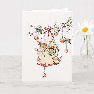 Christmas card, robin under holly card