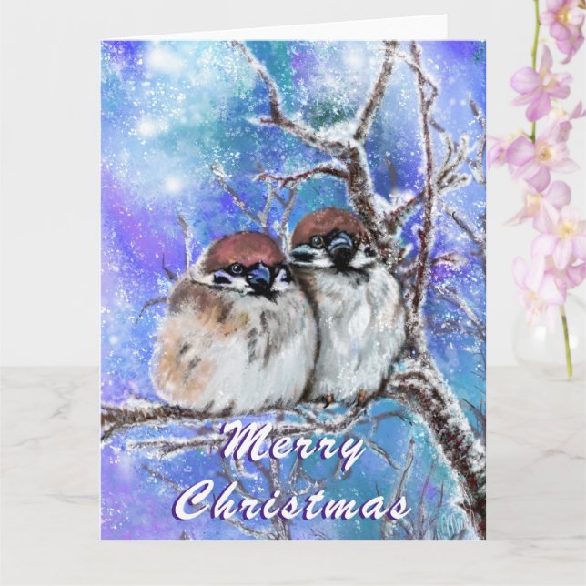 Christmas Card Sparrows Couple In Winter (Orchid)
