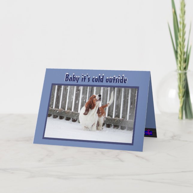 Christmas Card w/Basset in Snow & Fireplace & Tree (Front)