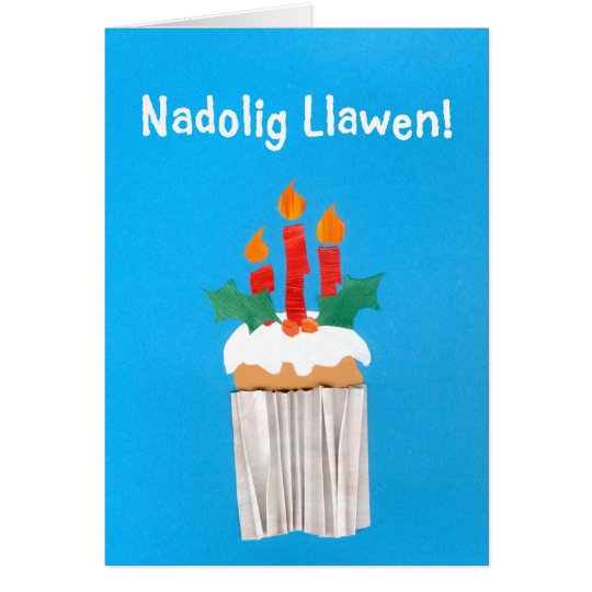 Christmas Card, Welsh, Cupcake with Candles Card