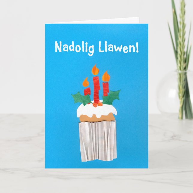 Christmas Card, Welsh, Cupcake with Candles Holiday Card (Front)