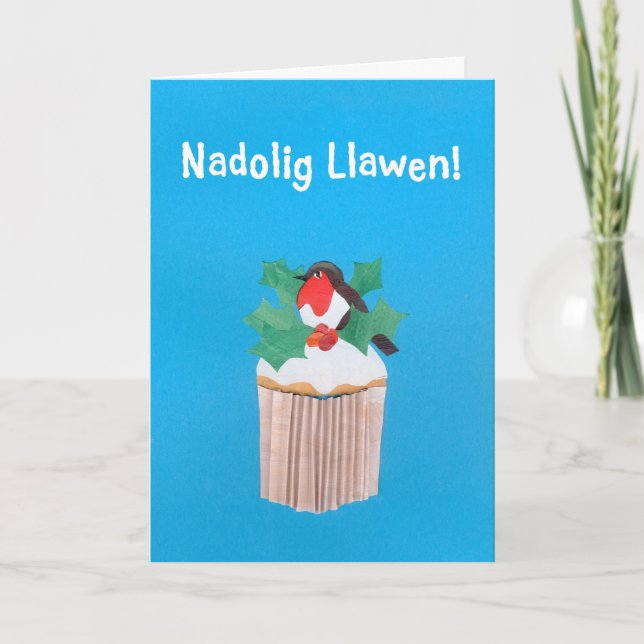Christmas Card, Welsh, Cupcake with Robin Holiday Card (Front)