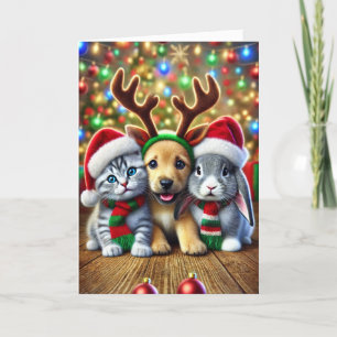 Christmas card with a dog, a cat and a bunny