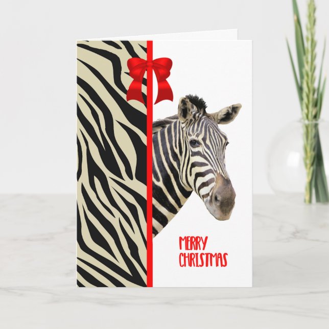 Christmas Card with a Zebra, Stripes and a Red Bow (Front)