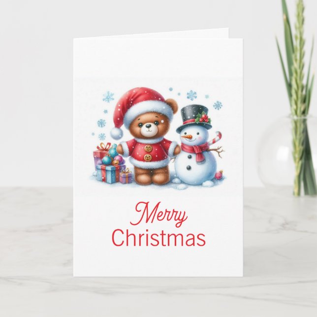 Christmas card with bear and snowman image (Front)