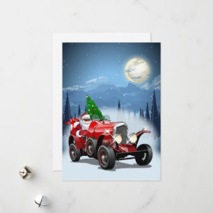 Christmas card with cartoon retro car & cool Santa