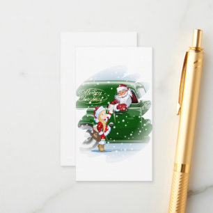 Christmas card with cartoon Santa and Snow Maiden