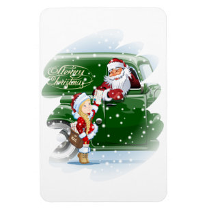 Christmas card with cartoon Santa and Snow Maiden Magnet