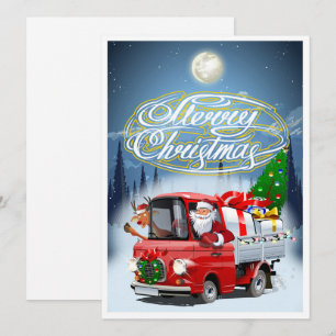 Christmas card with cartoon Santa`s truck