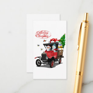 Christmas card with cartoon Santa`s truck