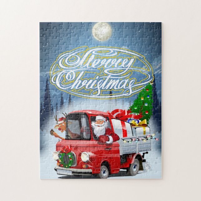 Christmas card with cartoon Santa`s truck Jigsaw Puzzle (Vertical)