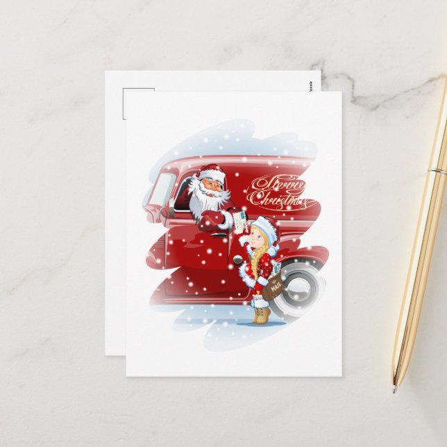 Christmas card with cartoon Snow Maiden - Postman (Front/Back In Situ)