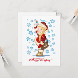 Christmas card with cartoon Snow Maiden - Postman