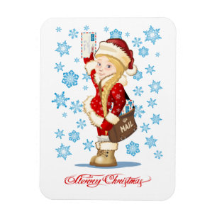 Christmas card with cartoon Snow Maiden - Postman  Magnet