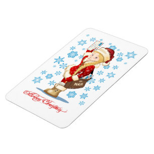 Christmas card with cartoon Snow Maiden - Postman  Magnet