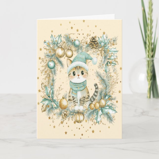 Christmas Card with Cat and Wreath Mint & Gold (Front)