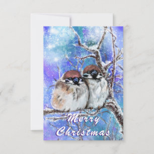 Christmas Card with Couple Sparrows In Winter