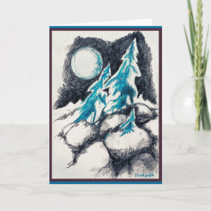 Christmas Card with Fir Trees & Moon