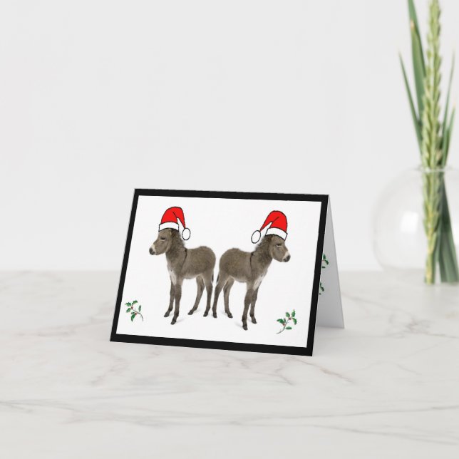Christmas card with holly and donkey (Front)