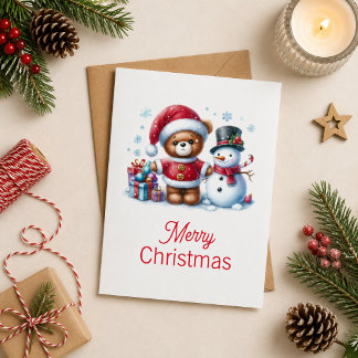 Christmas card with image of teddy bear and snowma