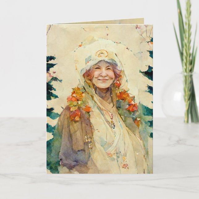 Christmas card with old woman watercolor winter  (Front)