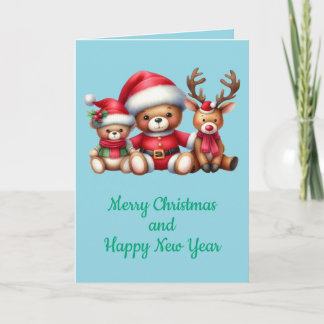 Christmas card with picture of bear and reindeer.