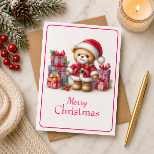 Christmas card with picture of teddy bear and gift