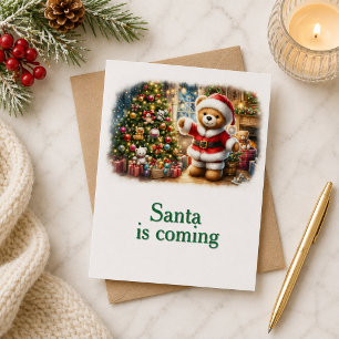 Christmas card with picture of teddy bear and tree
