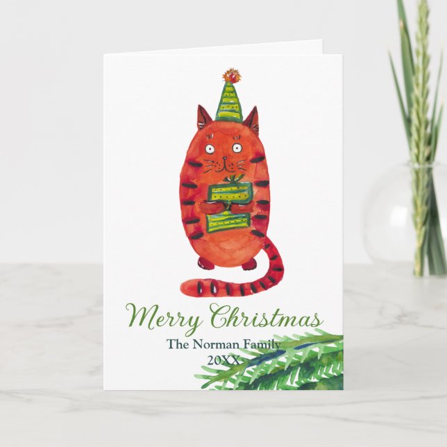 Christmas card with red cat. Watercolor cat (Front)
