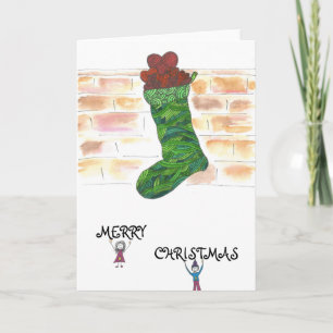 Christmas card with stocking and quirky characters