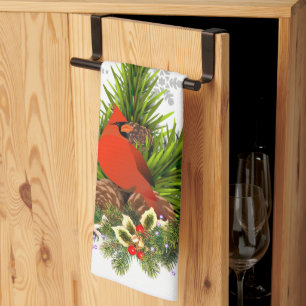 Christmas Cardinal and Greenery  Tea Towel