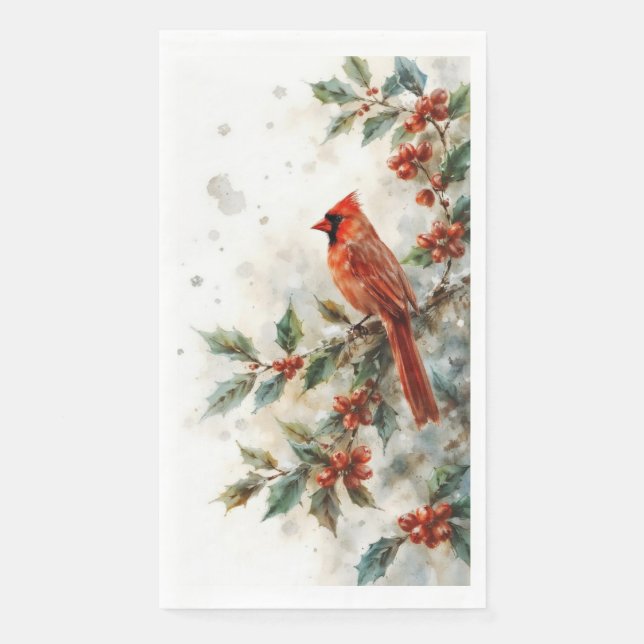 Christmas Cardinal and Holly Leaves Napkin (Front)