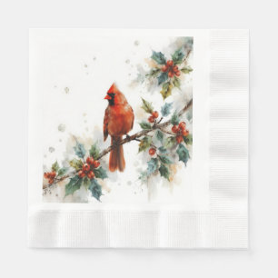 Christmas Cardinal and Holly Leaves Napkin