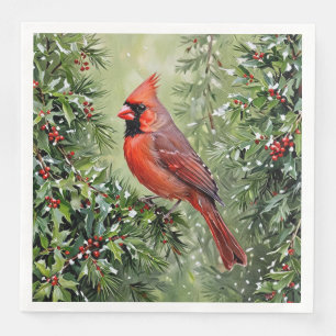 Christmas Cardinal and Holly Leaves Napkin