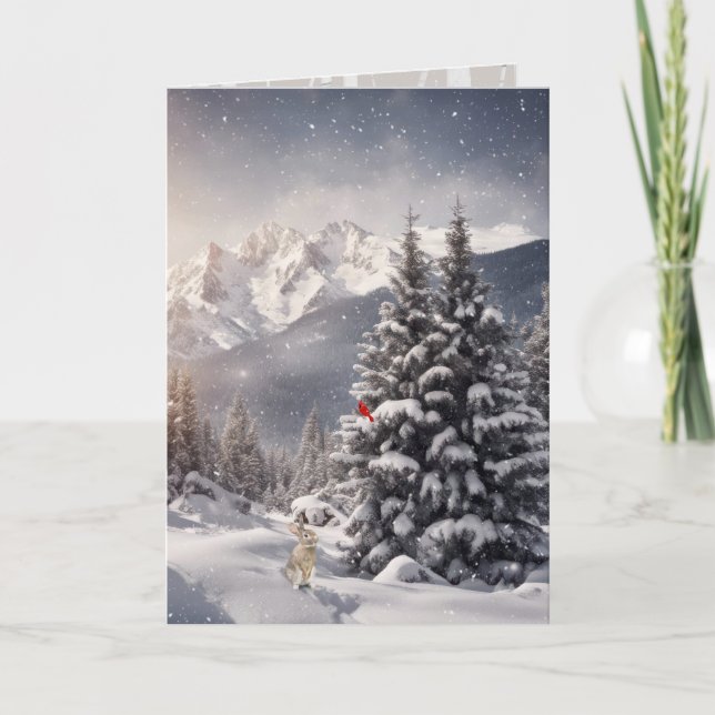 Christmas Cardinal and Rabbit In Snowflakes Card (Front)
