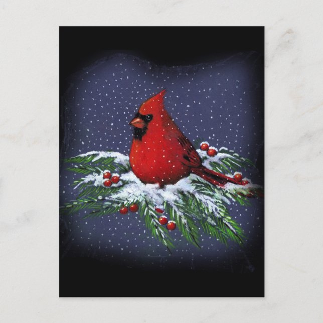 CHRISTMAS CARDINAL: BIRD: ART: SNOW HOLIDAY POSTCARD (Front)