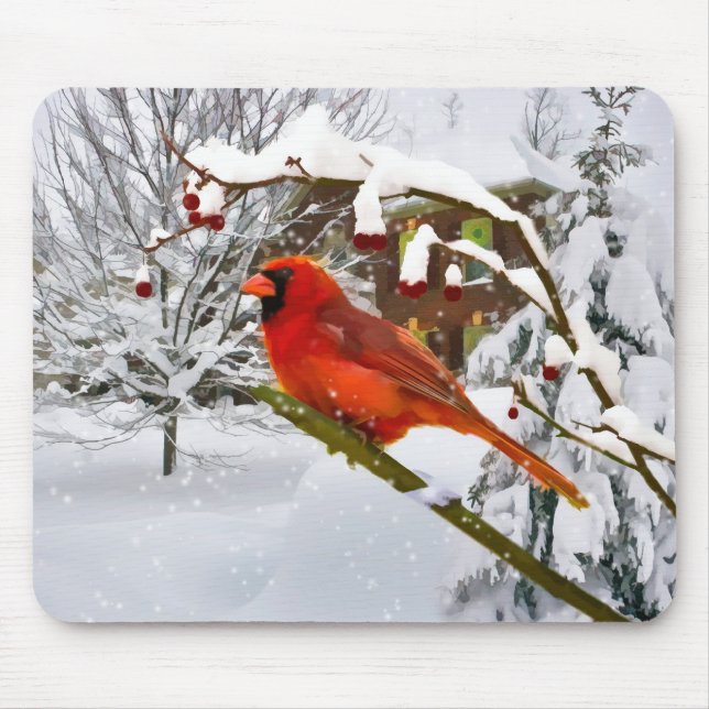 Christmas,  Cardinal Bird, Snow, Mousepad (Front)