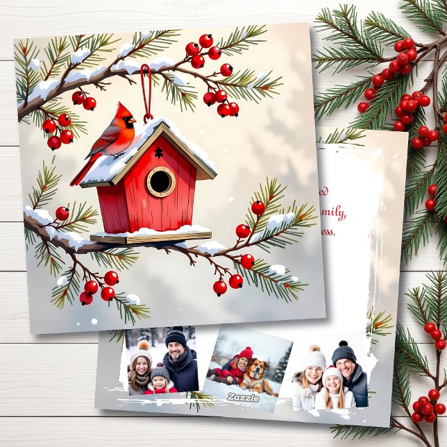 Christmas Cardinal & Birdhouse Personalised  Photo Holiday Card (Creator Uploaded)