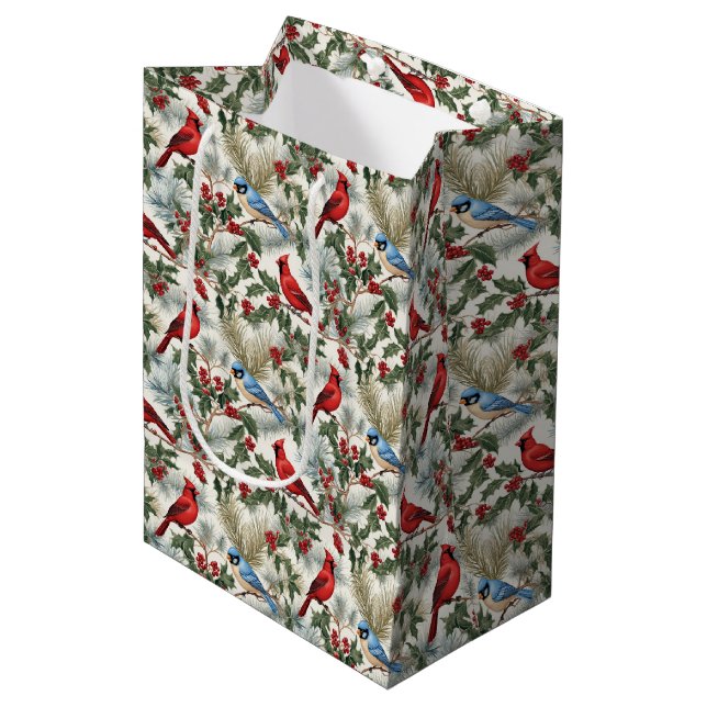 Christmas cardinal blue bird tiled pattern  medium gift bag (Front Angled)