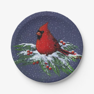 Christmas Cardinal in Snow: Holiday, Bird: Art Paper Plate