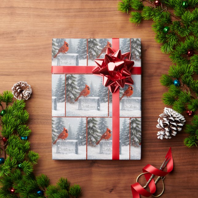 Christmas Cardinal In Snowflakes On Ice  Wrapping Paper (Holiday Gift)